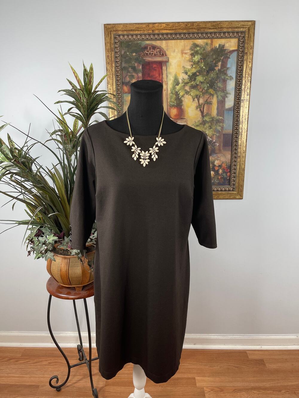 LANDS' END Sheath Dress Women Size 14 Brown 3/4 Button Sleeve Classic Minimalist